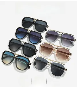 Collection of seven colorful pilot sunglasses with metal double bridge and gradient lenses