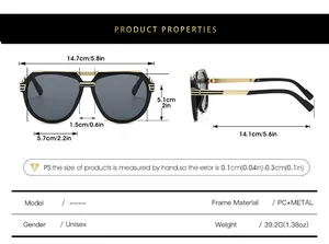 Size guide for retro pilot sunglasses showing frame dimensions and weight in centimeters