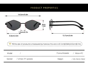 Size chart for irregular metal sunglasses with precise dimensions and product properties