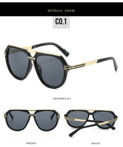 Three-angle view of vintage pilot sunglasses featuring gold triple stripe metal accents