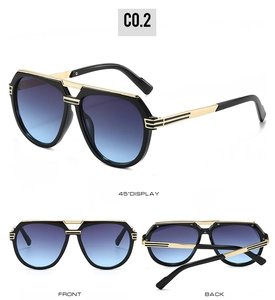 Front and back detail of aviator sunglasses with black frame and blue gradient lenses