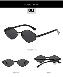 Three-way view of hexagonal black metal sunglasses showing front, back, and 45-degree angles