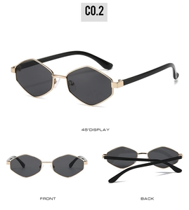 Three views of geometric metal sunglasses with polarized lenses and gold frames