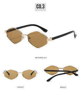 Detailed views of irregular gold metal sunglasses with brown lenses from three angles