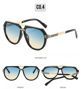 Detail view of double bridge pilot sunglasses with blue-yellow gradient lenses and black frames