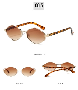 Three views of gold geometric sunglasses with brown gradient lenses and tortoiseshell arms
