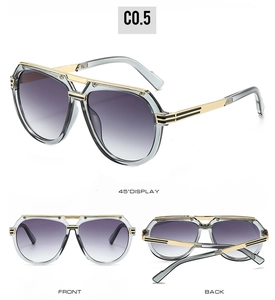 Three-way view of aviator sunglasses with transparent grey frames and purple gradient lenses