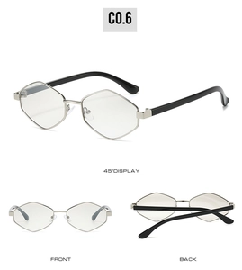 Detailed views of irregular hexagonal sunglasses with silver frames and black temples