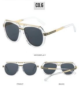 Three-view display of aviator sunglasses with transparent frames and gold double bridges