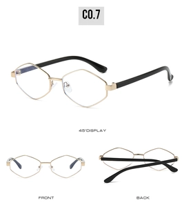 Three-angle views of irregular gold metal frame sunglasses with black temples and lenses