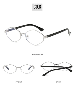 Three perspectives of silver hexagonal metal frame sunglasses with black temples and lenses