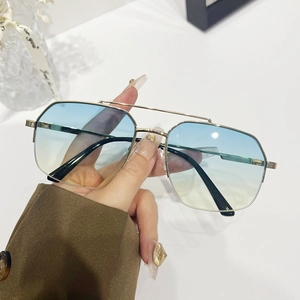 Stylish double bridge oversized metal sunglasses with blue-yellow gradient lenses
