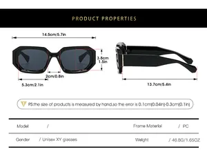 Detailed size chart for square sunglasses with PC frame measurements and weight details