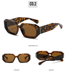 Macro view of tortoiseshell geometric sunglasses with brown lenses from three angles