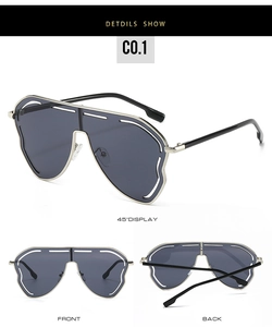 Détails des lunettes de soleil argentées à monture métallique et verres gris foncé