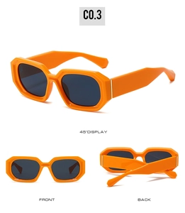 Multiple views of orange geometric sunglasses featuring thick frames and dark lenses