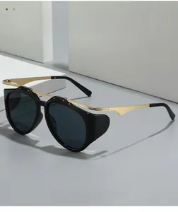 Detail of oval sunglasses with black frame, gold metal temples and UV protection lenses