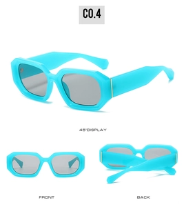 Three views of bright blue octagonal Y2K sunglasses with light gray lenses and thick frames