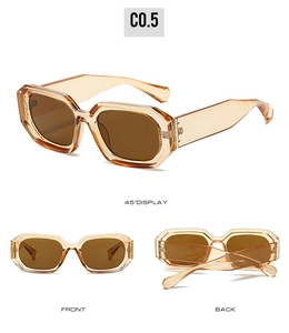 Three-angle display of geometric thick frame sunglasses in translucent tea resin