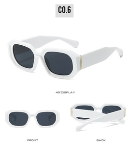 Front and back views of white thick frame polygon sunglasses with dark grey lenses