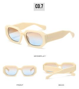 Three-way view of hexagonal sunglasses with cream frame and gradient lenses