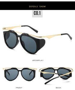 Three-angle view of oval sunglasses with black frames and gold metal temples detail