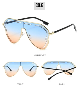 Vues détaillées de lunettes de soleil oversize dorées avec verres dégradés bleu-orange