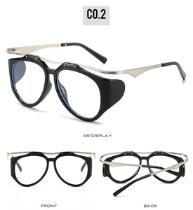 Three views of oval sunglasses with metal temples and protective side shield details