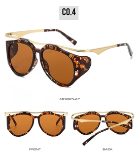 Detailed views of tortoise shell oval sunglasses with gold metal temples and brown lenses