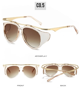 Detailed multi-angle view of oval sunglasses with metallic temples and gradient lenses