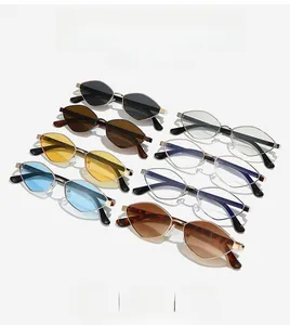 Detailed row of various colorful polarized lenses in geometric gold metal sunglasses frames