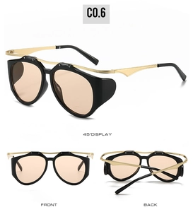 Detailed views of steampunk oval sunglasses with metal temples and tinted lenses