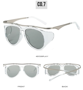 Detailed views of oval sunglasses with transparent grey frames and silver metal temples