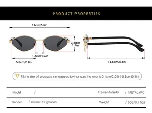 Size chart for irregular metal sunglasses showing frame width lens height and dimensions