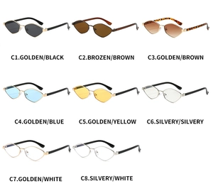 Detail view of irregular diamond-shaped metal sunglasses in eight various frame and lens colors