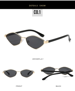 Detailed views of irregular geometric sunglasses with gold metal frames and grey lenses