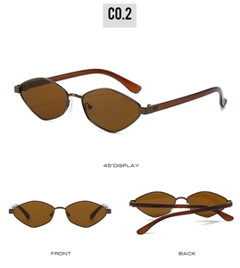 Detailed views of irregular metal sunglasses with brown polarized lenses and thin frames