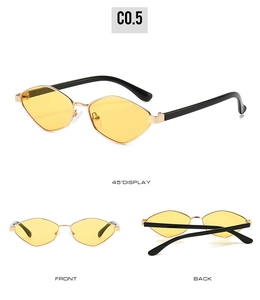 Three-angle view of geometric irregular sunglasses with yellow lenses and gold metal frame