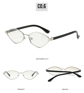 Three-view display of geometric irregular metal sunglasses in silver and black colors