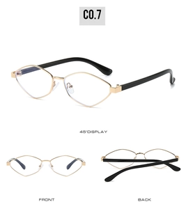 Multiple views of irregular gold metal cat eye sunglasses with polarized black lenses