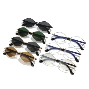 Modern irregular hexagonal metal sunglasses in various tinted lenses for women
