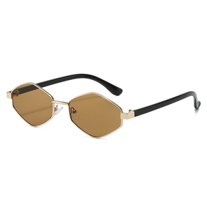 Modern hexagonal sunglasses with gold metal frame and brown polarized lenses on white background