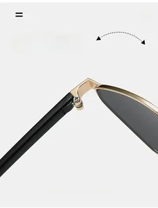 Detail of durable gold and black metal hinge on irregular polarized sunglasses
