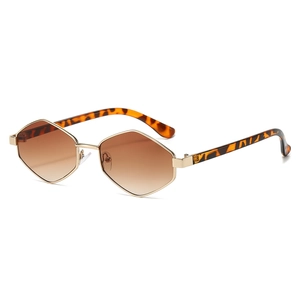 Irregular hexagon gold metal sunglasses with brown gradient lenses and tortoise temples