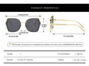 Detailed size chart for unisex square metal sunglasses with precise dimensions and weight