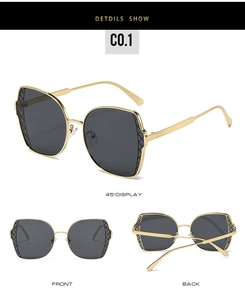 Detailed views of polygon sunglasses with woven texture metal temples and dark lenses