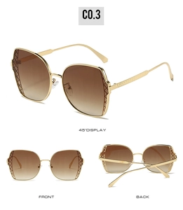 Three views of gold metal sunglasses with brown gradient lenses and textured mesh detail