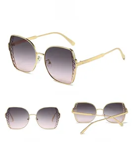Detail view of fashion sunglasses with gradient lenses and metal lattice cut-out frame
