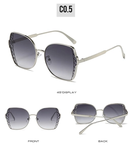 Three-angle views of square metal sunglasses with gradient lenses and textured temples