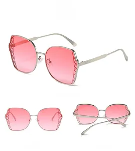 Three perspectives showing silver metal sunglasses with pink gradient lenses and woven texture